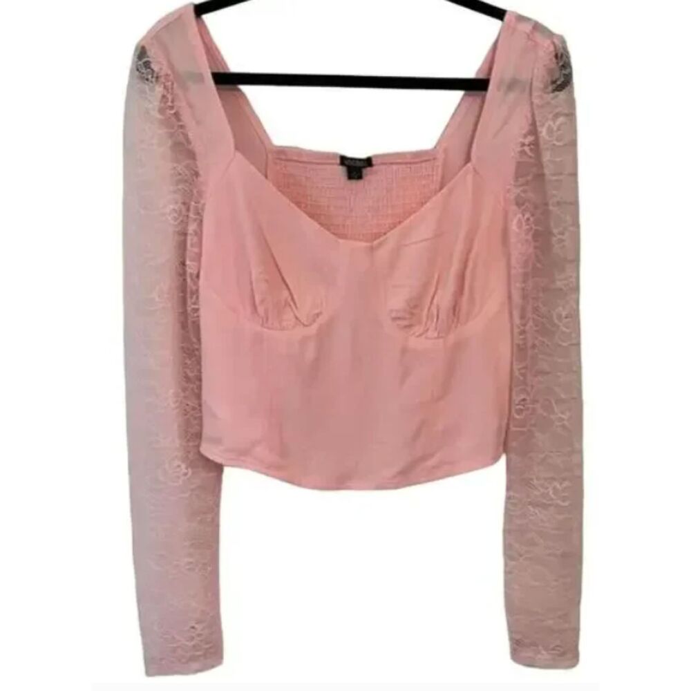 Lace Long Sleeve Crop Top Shirred Back, Wild Fable, Light Pink Large